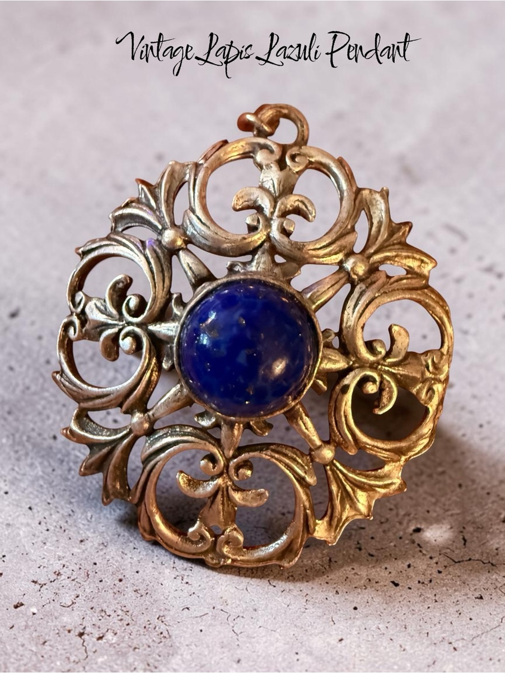 Vintage TINN Pendant with Genuine Lapis Lazuli | Ornate Scandinavian Style